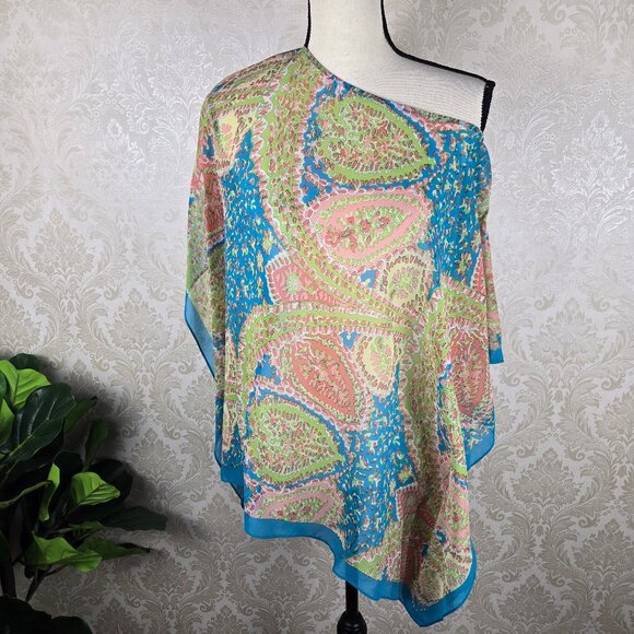 Talbots Size S/M Turquoise Coral Paisley Butterfly Sleeve Kimono Top Silk Sheer - Picture 7 of 10